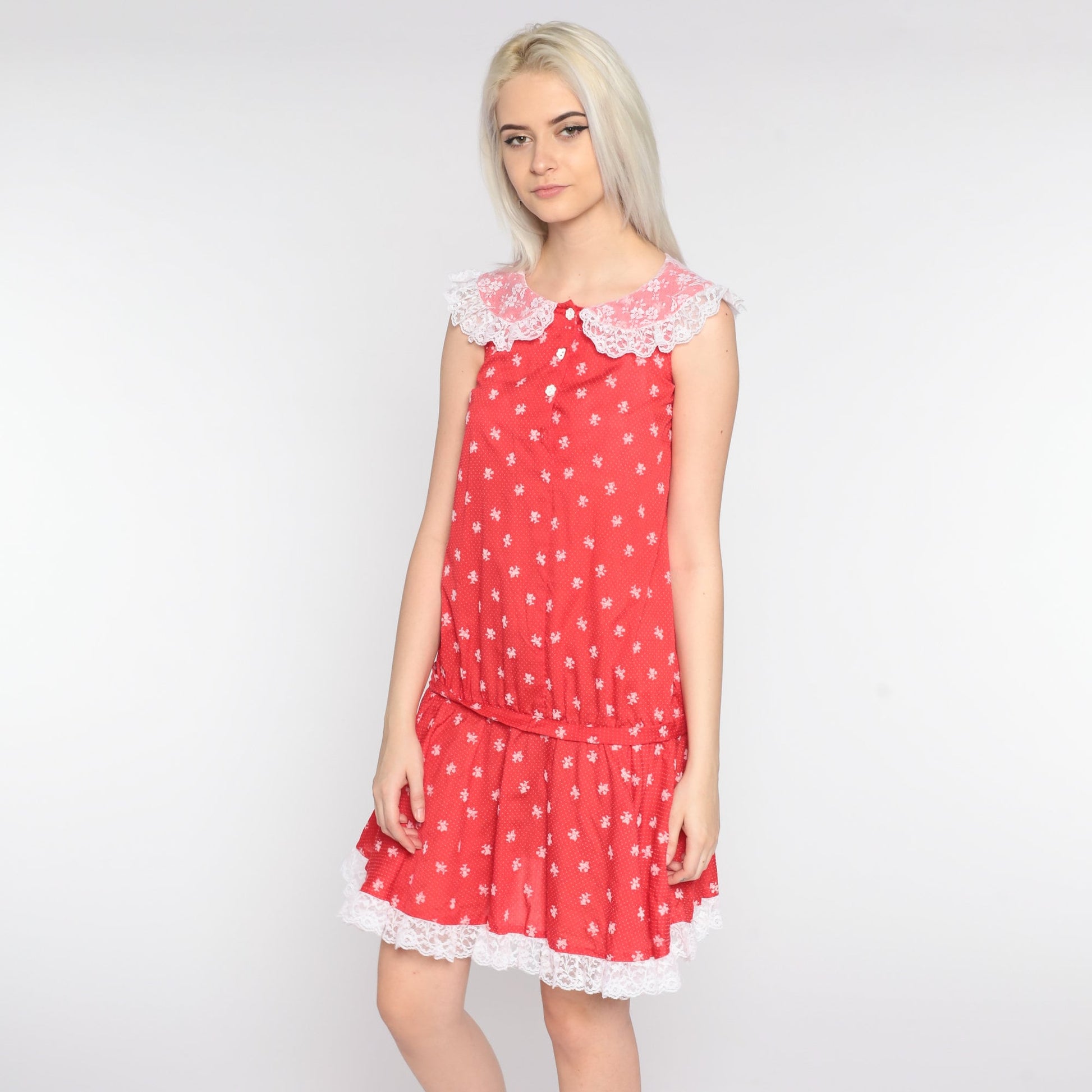70s Red Floral Mini Dress Lace Collar Sleeveless Shift Extra Small