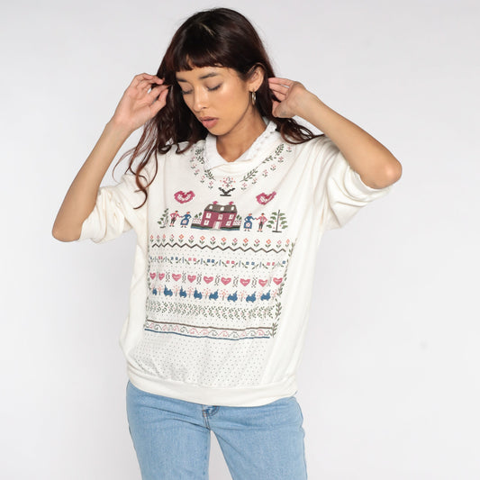 90s Country Home Collared Sweatshirt Cream Graphic Crewneck Large