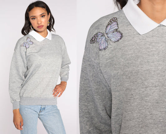 80s Butterfly Collared Sweatshirt Grey Graphic Pullover Medium