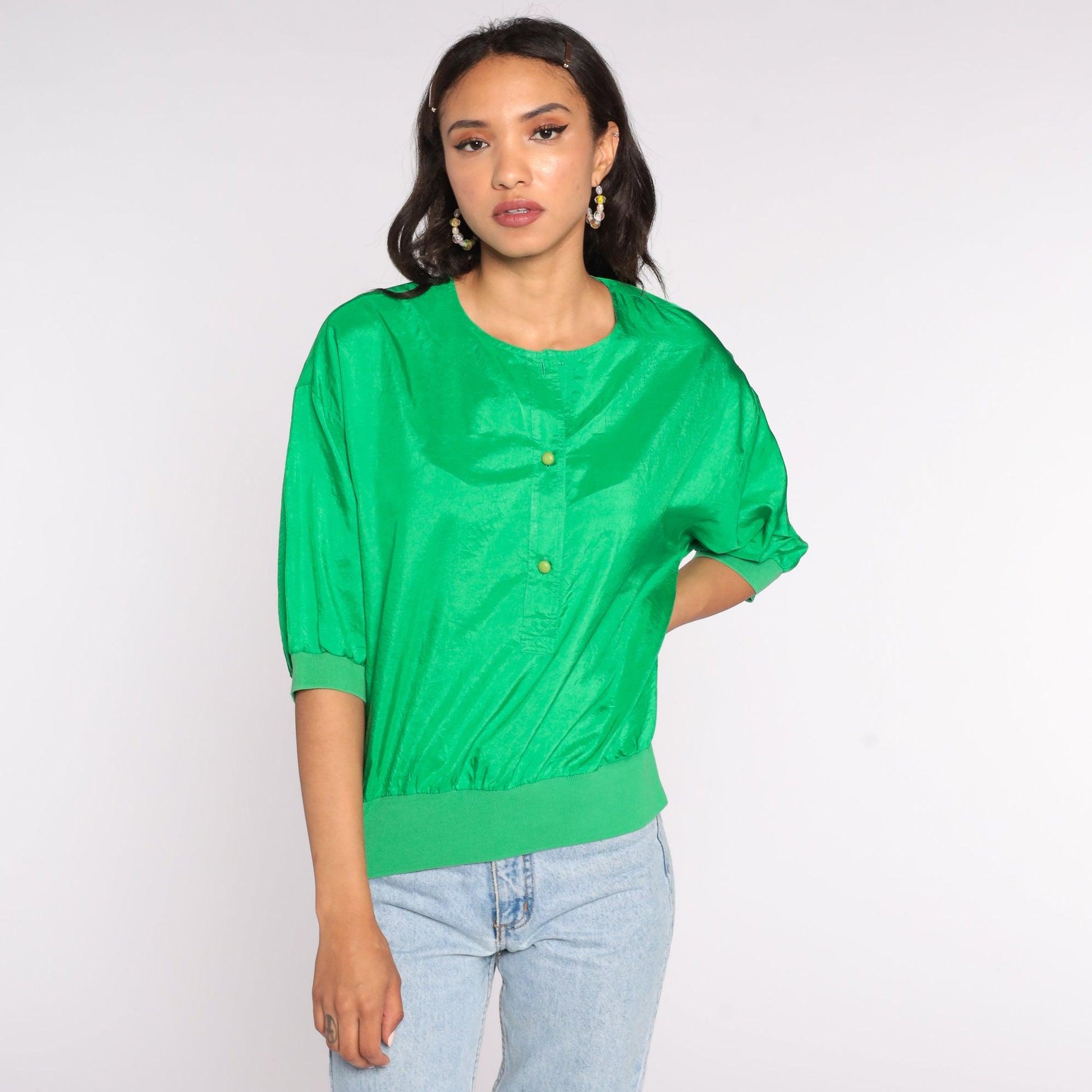 80s Shiny Green Button Neck Blouse Short Sleeve Large