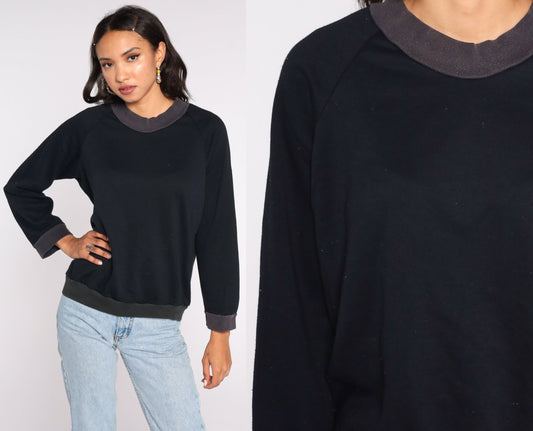 80s Black Crewneck Sweatshirt Grey Trim Long Sleeve Medium