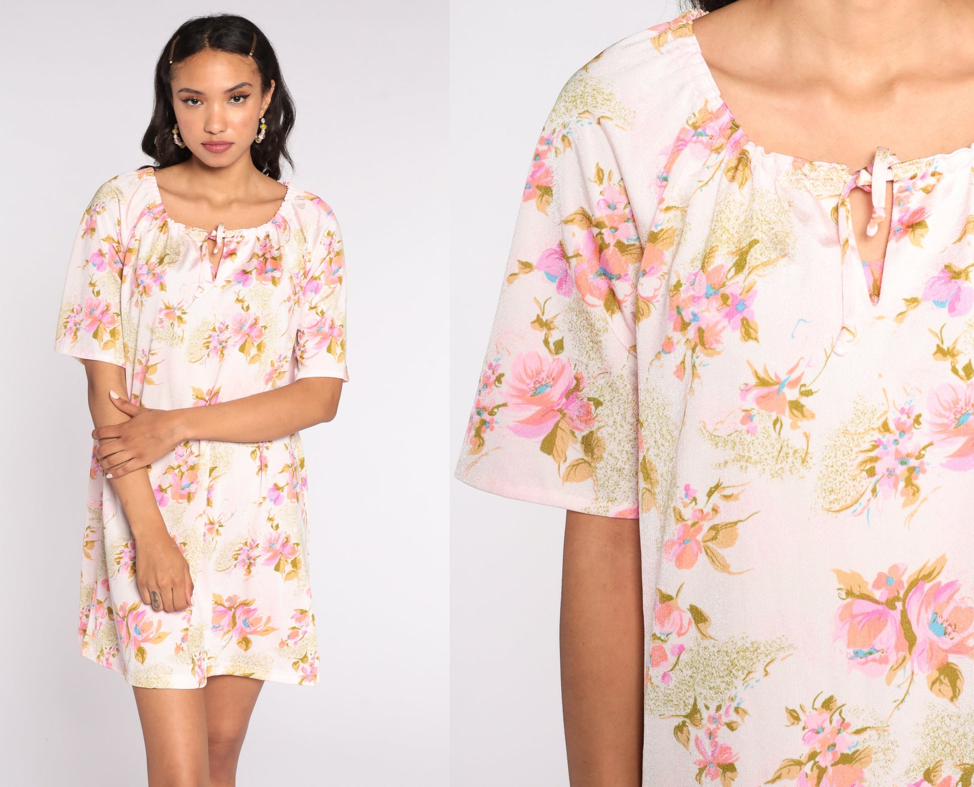 70s Floral Mini Dress Keyhole Shift Short Sleeve Pink Medium Large