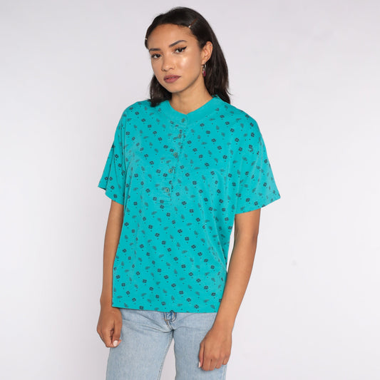 80s Turquoise Paisley Henley Button-Up Shirt Short Sleeve Large