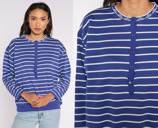 80s Purple Striped Long Sleeve Henley Top Large