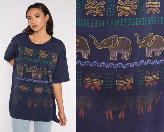 90s Safari Animal Graphic T-Shirt Navy Blue Elephant Zebra Extra Large