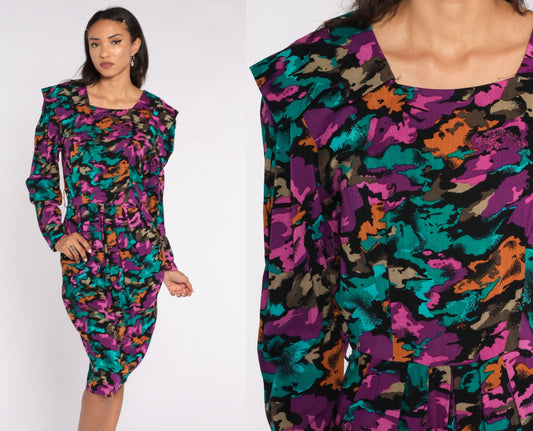 80s Abstract Print Midi Dress Puff Sleeve Purple Wiggle Pencil Medium