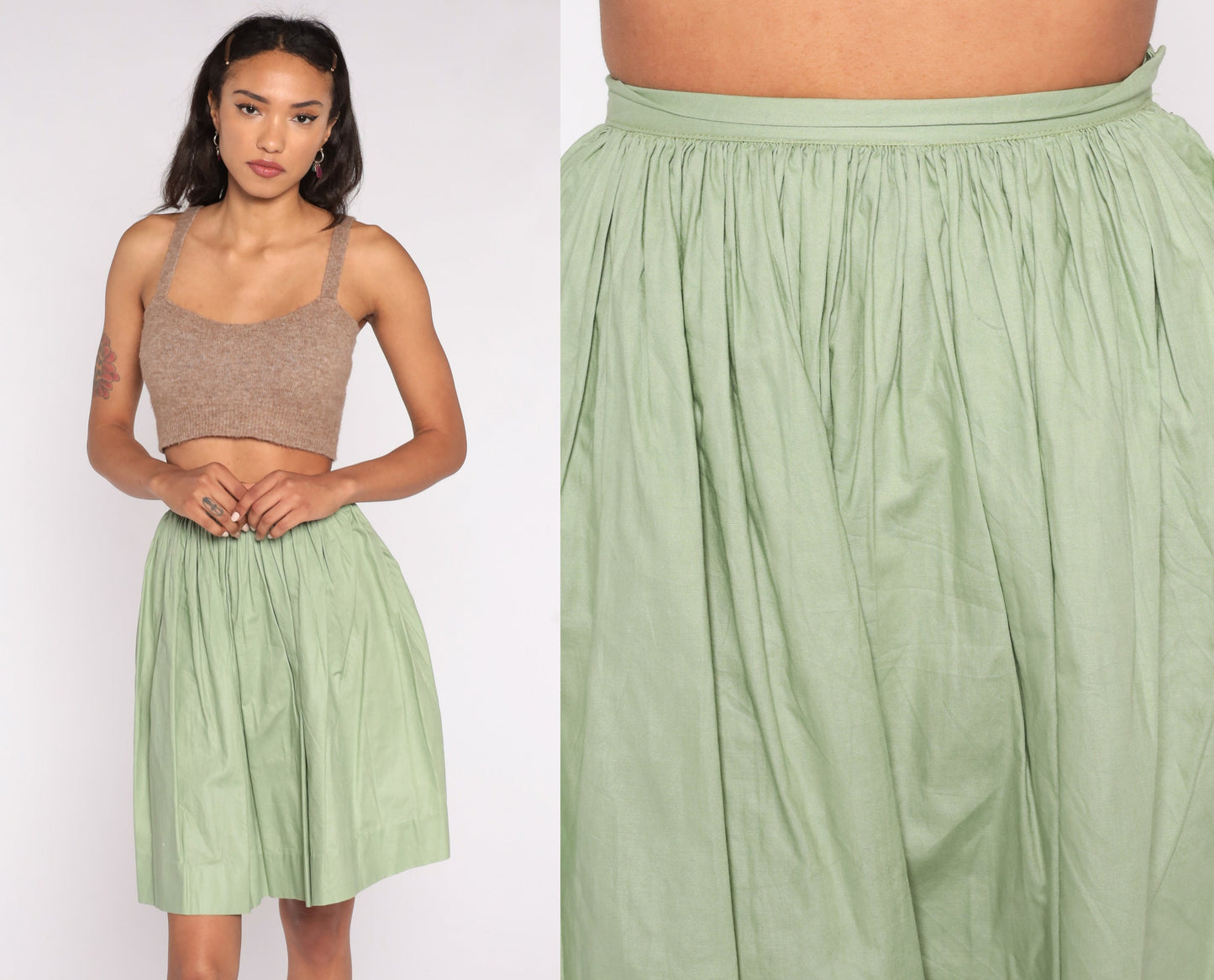 1960s Green Cotton Circle Skirt High Waist Mini XXS