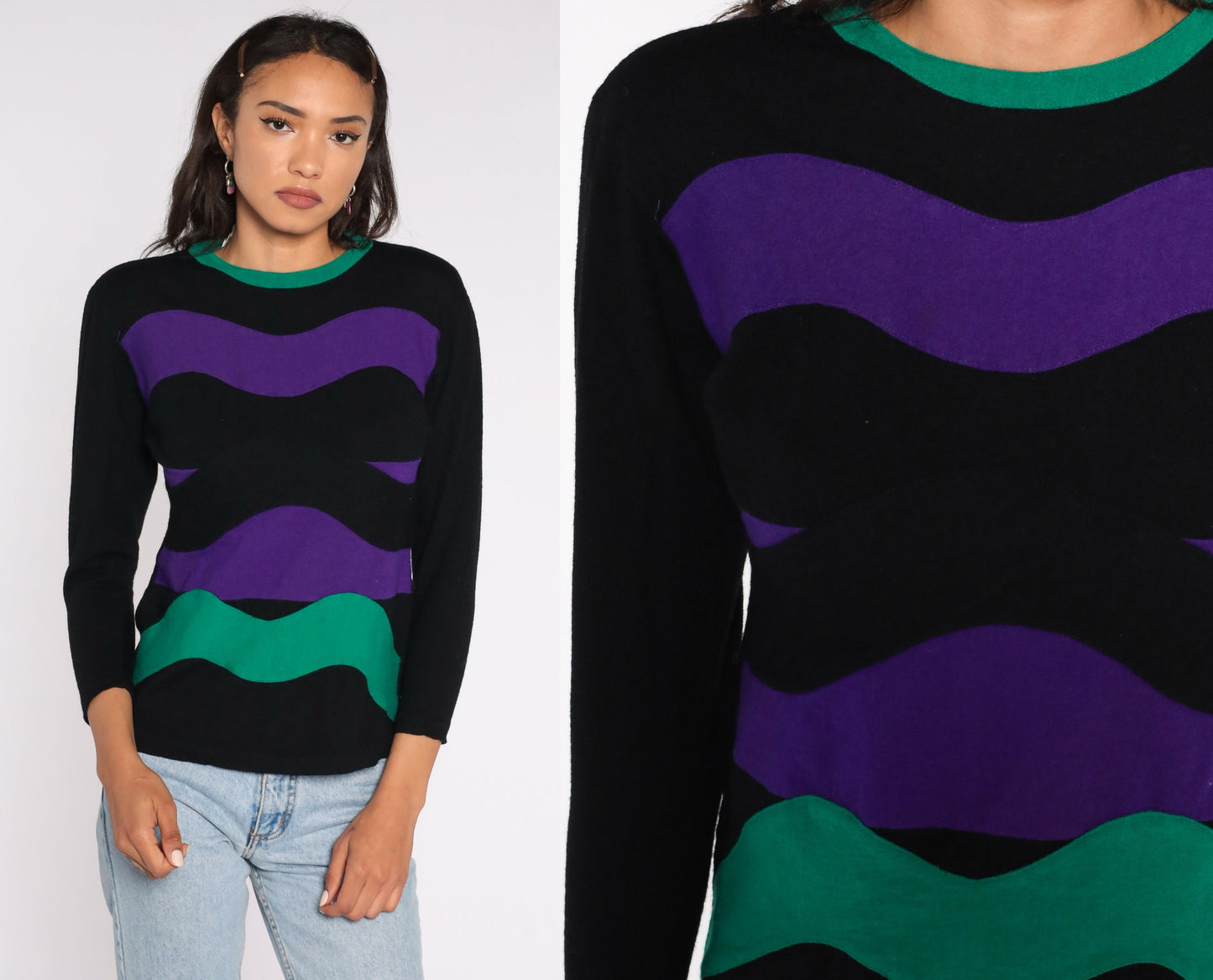 80s Black Purple Striped Wool Pullover Long Sleeve Shirt Small S