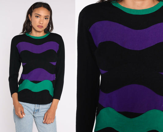 80s Black Purple Striped Wool Pullover Long Sleeve Shirt Small S