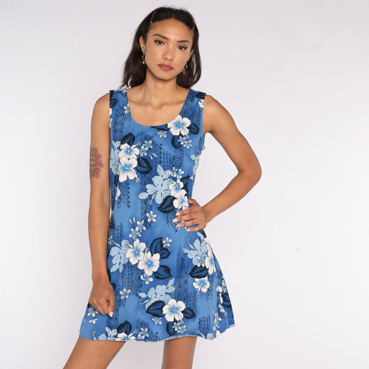 90s Hawaiian Floral Mini Sundress Blue Sleeveless Sheath Small