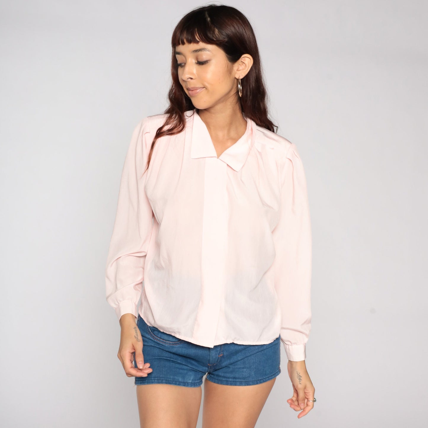 80s Baby Pink Puff Sleeve Button-Up Blouse Collar Shirt Medium