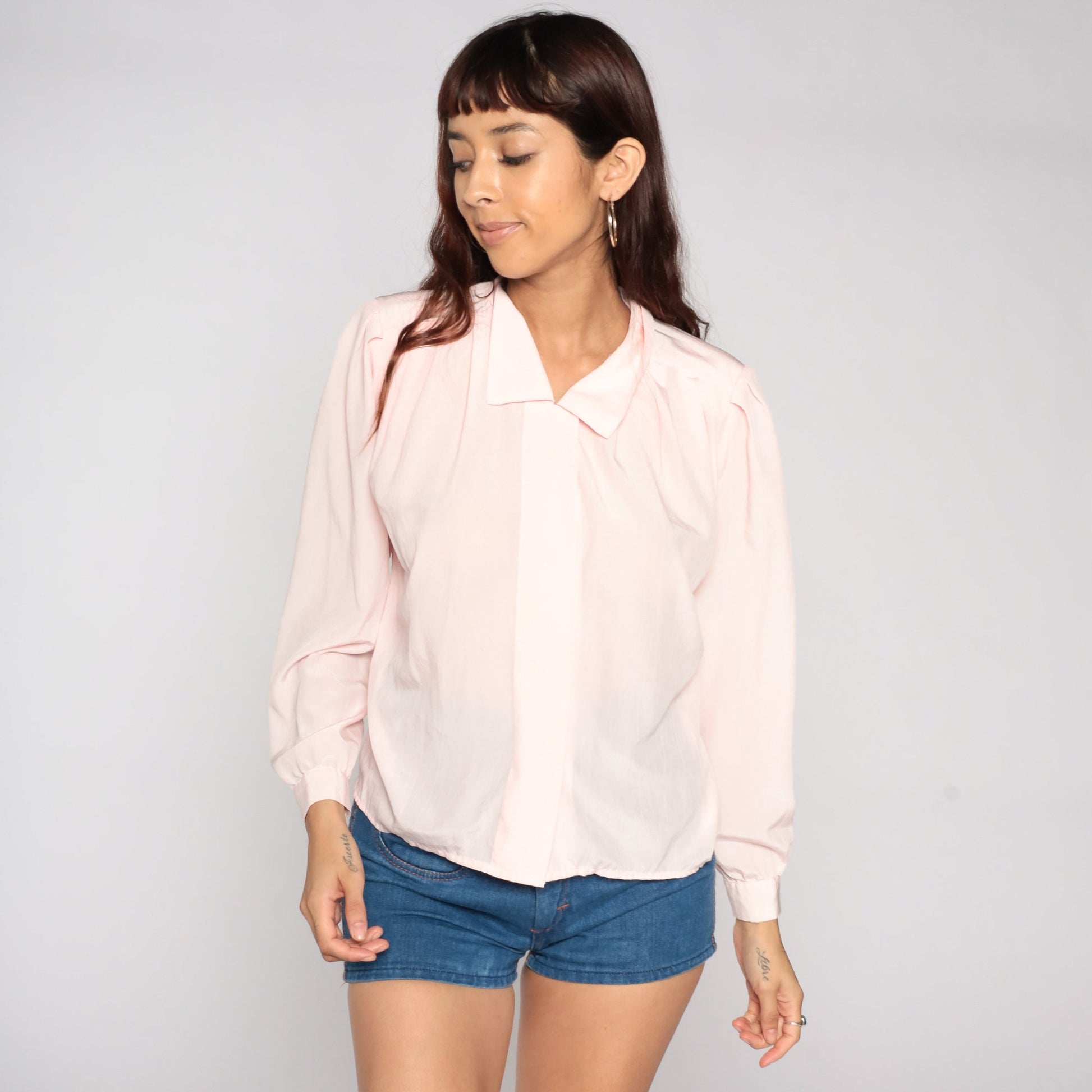 80s Baby Pink Puff Sleeve Button-Up Blouse Collar Shirt Medium