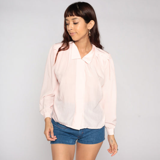 80s Baby Pink Puff Sleeve Button-Up Blouse Collar Shirt Medium