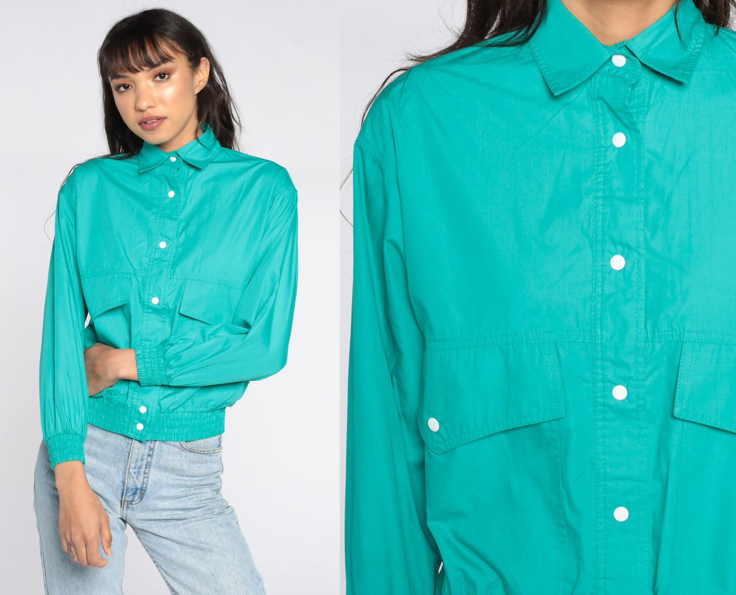 80s Turquoise Bomber Jacket Button-Up Windbreaker Small S
