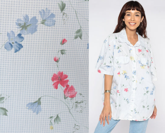 90s Floral Button-Up Blouse Blue Gingham Short Sleeve Shirt Plus Size 20W