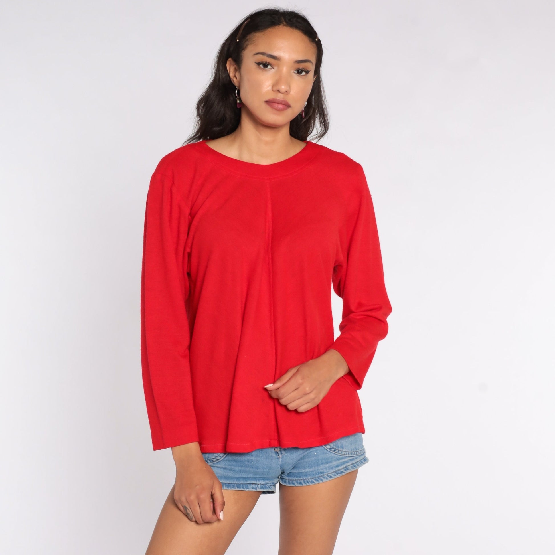 70s Red Trapeze Shirt Long Sleeve Blouse Medium