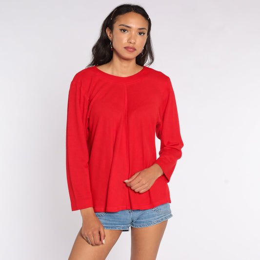 70s Red Trapeze Shirt Long Sleeve Blouse Medium