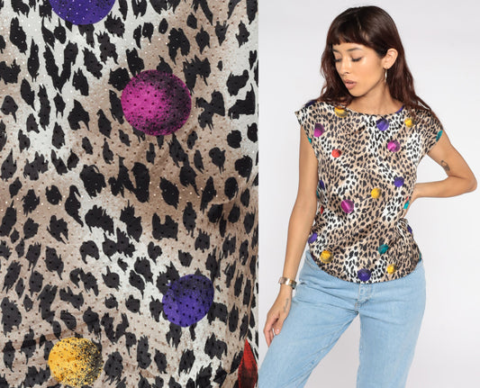 80s Leopard Print Blouse Short Sleeve Animal Print Vintage Shirt Small S