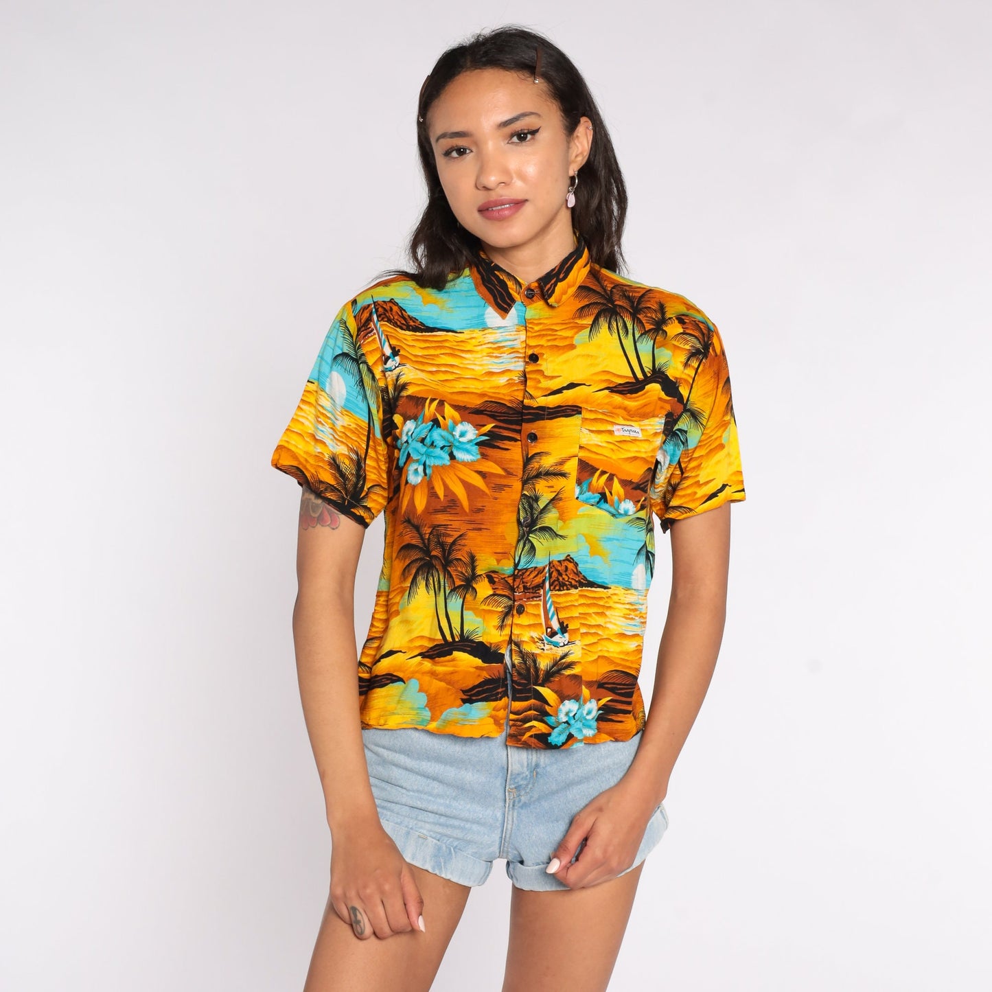 90s Hawaiian Sailboat Floral Print Button Up Shirt Yellow Small S