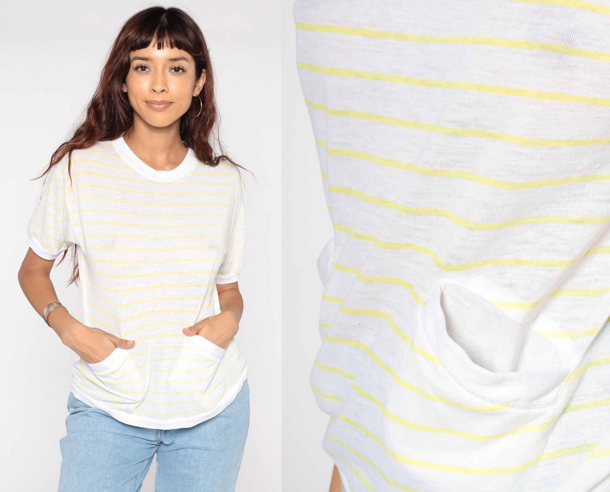 80s Yellow White Striped Pocket Shirt Short Sleeve Cotton Blend Medium