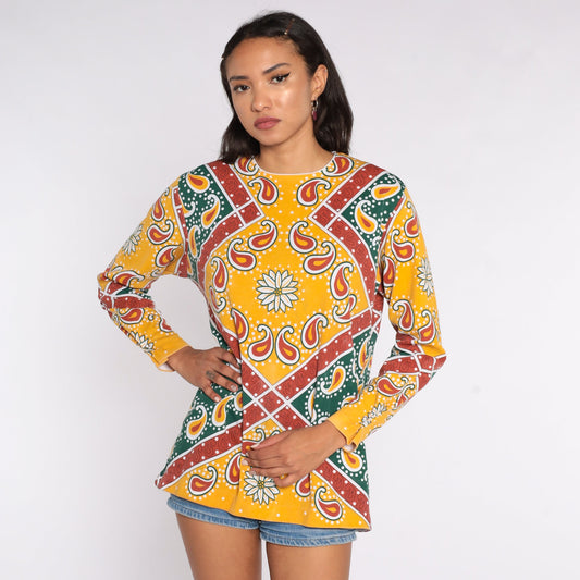 70s Psychedelic Floral Paisley Blouse Yellow Long Sleeve Extra Large