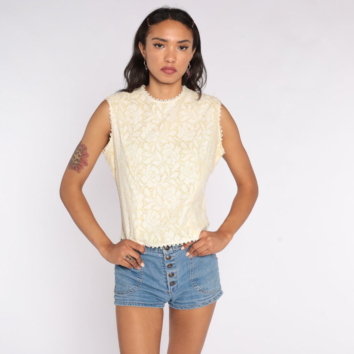 60s Cream Lace Crop Top Sleeveless Blouse Small