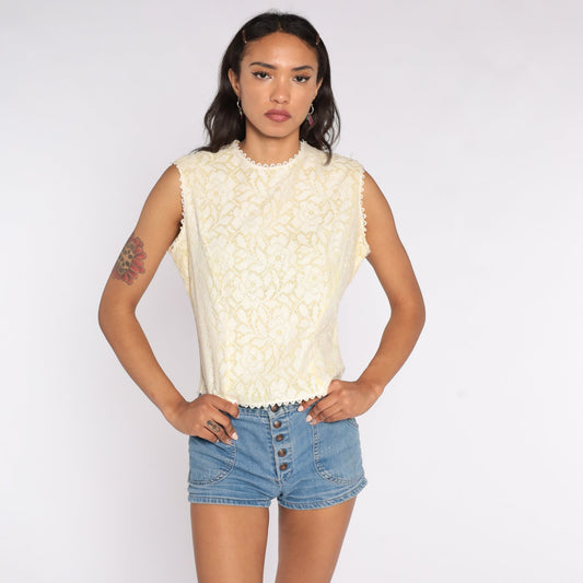 60s Cream Lace Crop Top Sleeveless Blouse Small