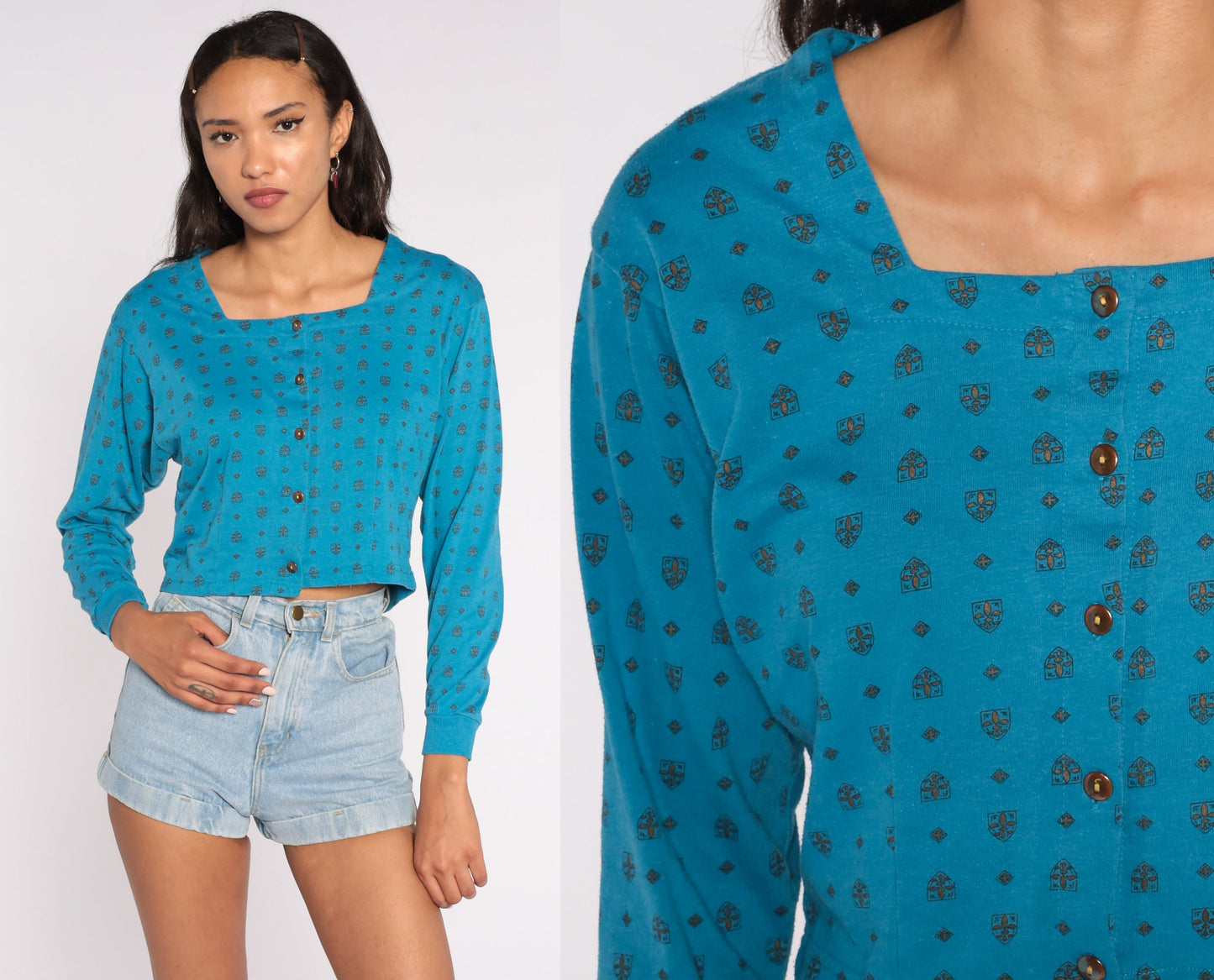 80s Turquoise Geometric Cotton Crop Top Button-Up Blouse Long Sleeve Medium