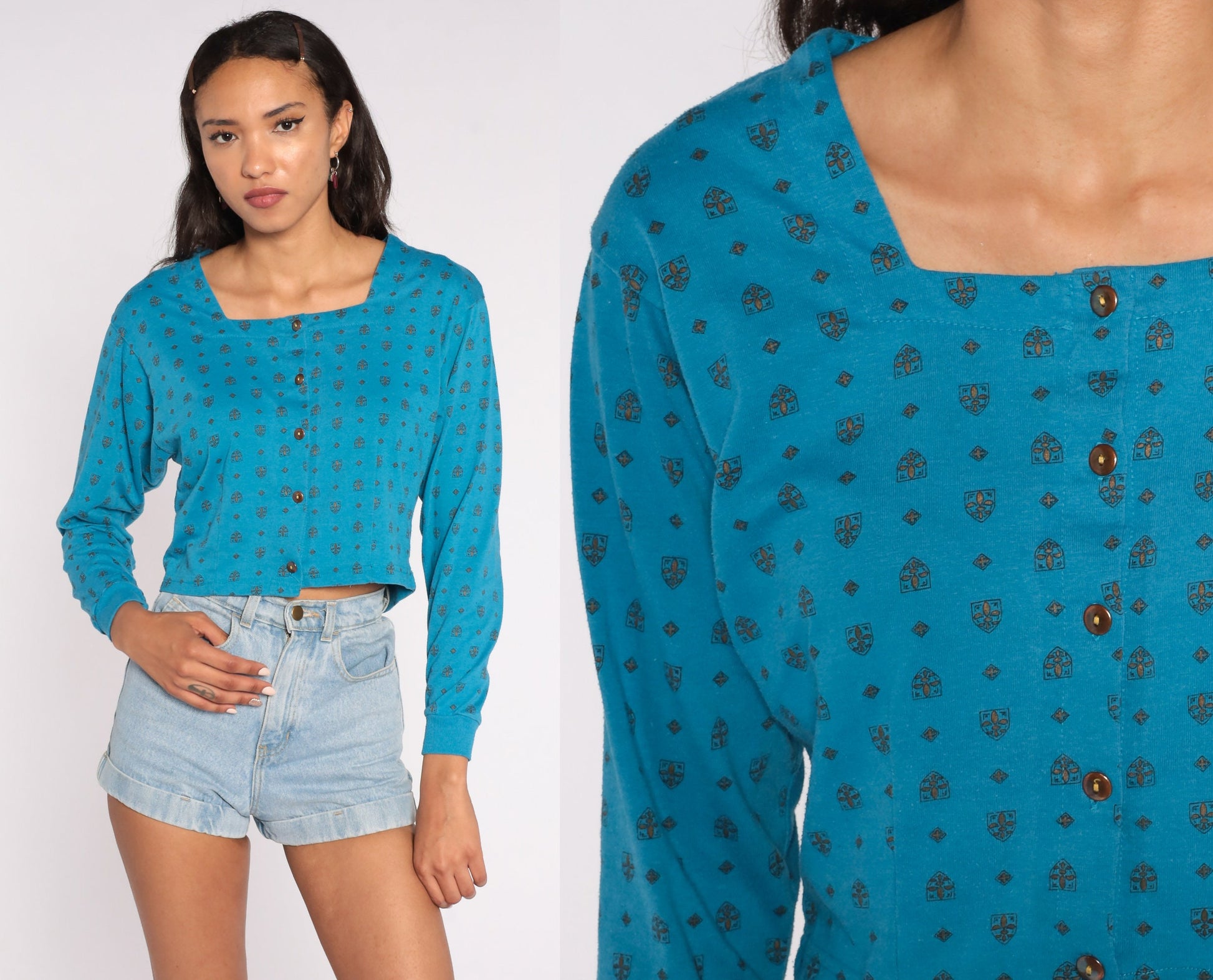 80s Turquoise Geometric Cotton Crop Top Button-Up Blouse Long Sleeve Medium