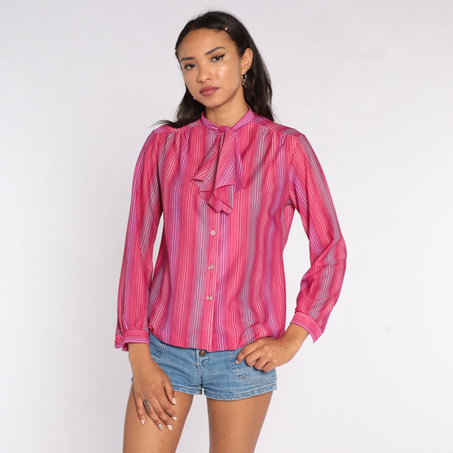 80s Striped Ascot Blouse Pink Long Sleeve Button Up Small Medium