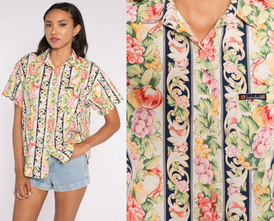 90s Fruit Print Button Up Shirt Grape Berry Short Sleeve Cotton Large