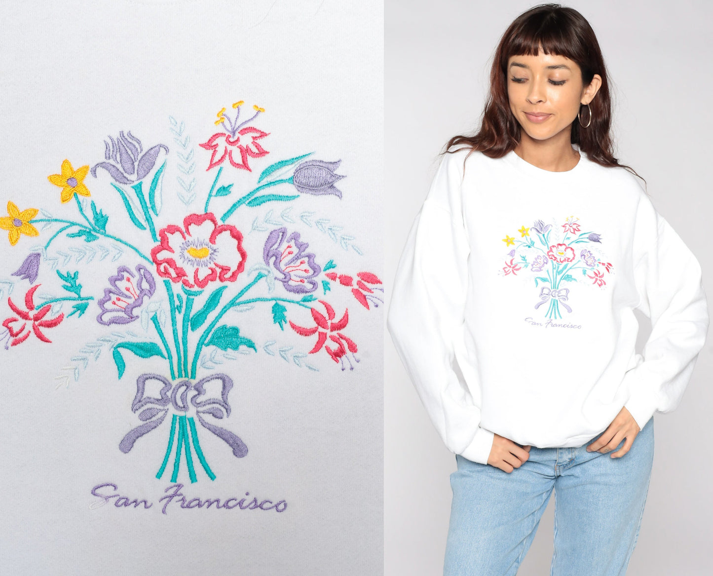 80s San Francisco Embroidered Sweatshirt White Floral Crewneck Large L
