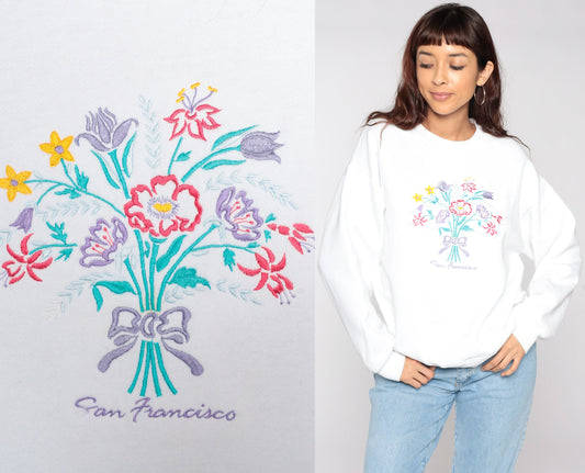 80s San Francisco Embroidered Sweatshirt White Floral Crewneck Large L