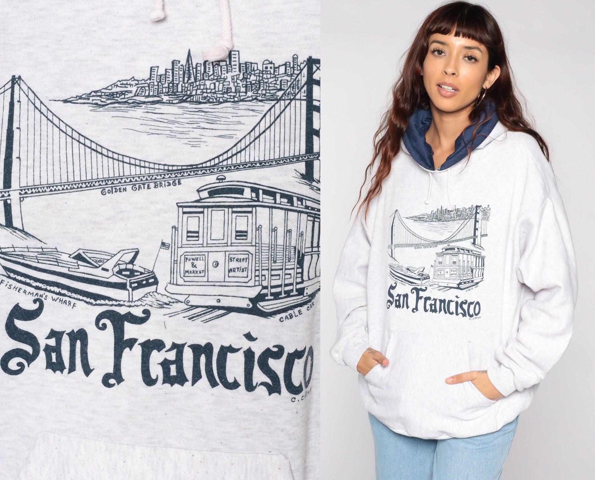 80s San Francisco Trolley Hoodie Sweatshirt Grey Cotton Blend Extra Large