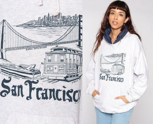 80s San Francisco Trolley Hoodie Sweatshirt Grey Cotton Blend Extra Large