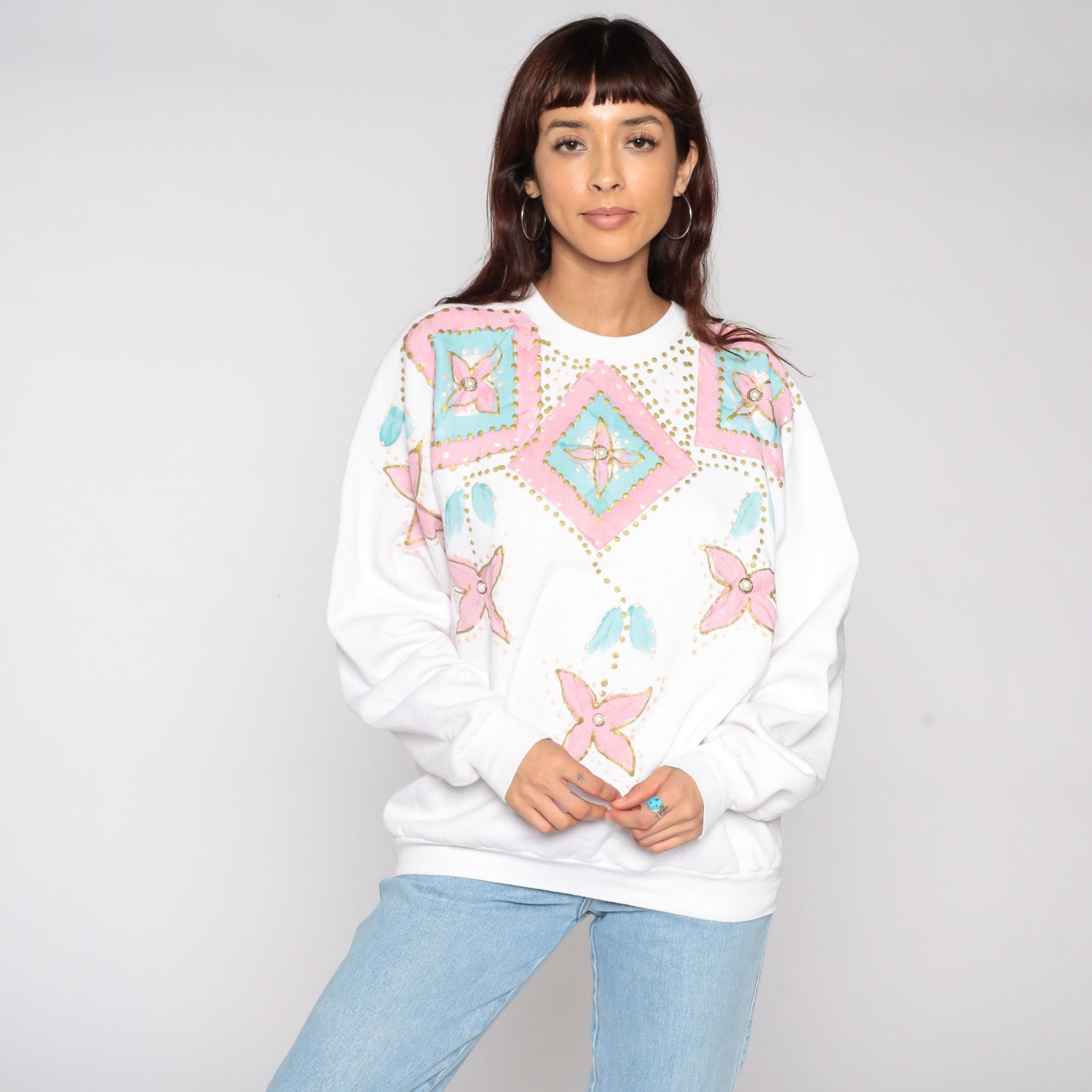 90s Hand Painted Floral Sweatshirt White Graphic Crewneck Large