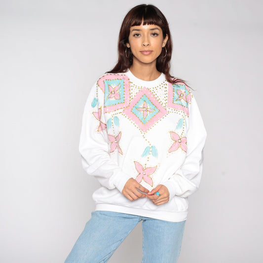 90s Hand Painted Floral Sweatshirt White Graphic Crewneck Large