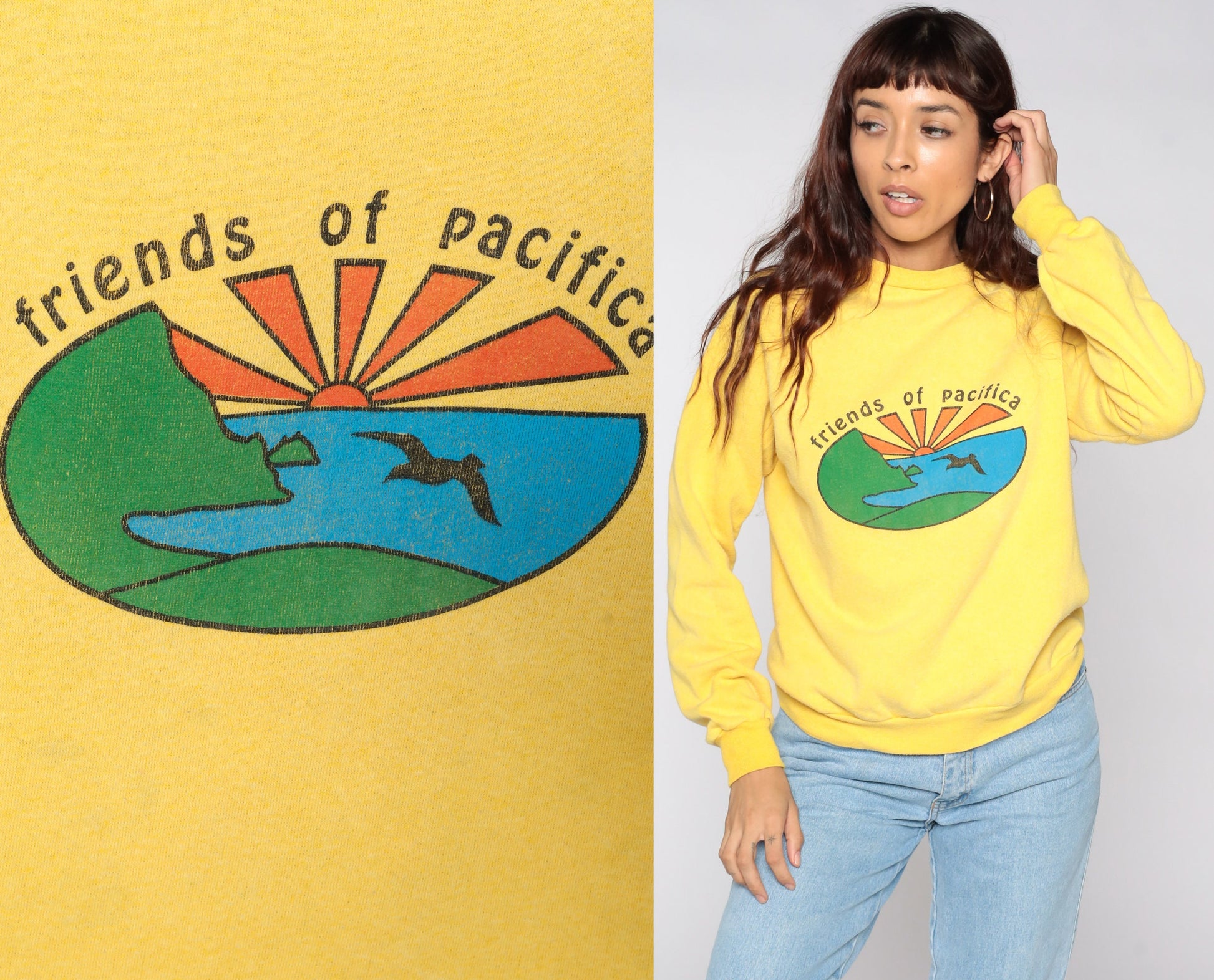 80s Friends of Pacifica Bird Sweatshirt Yellow Raglan Crewneck Medium