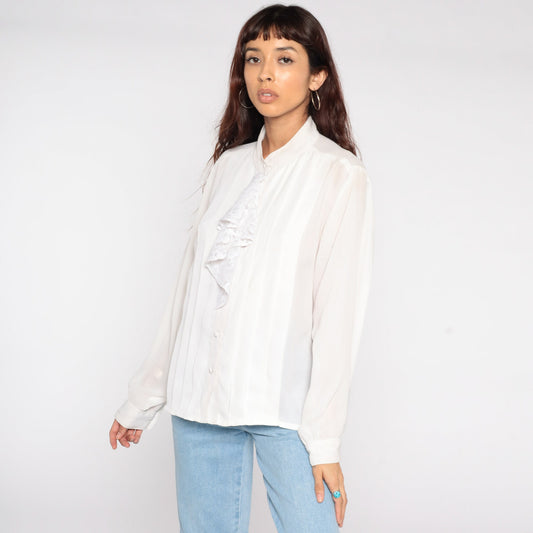 80s White Lace Tuxedo Blouse Ruffle Front Button Up Long Sleeve Medium