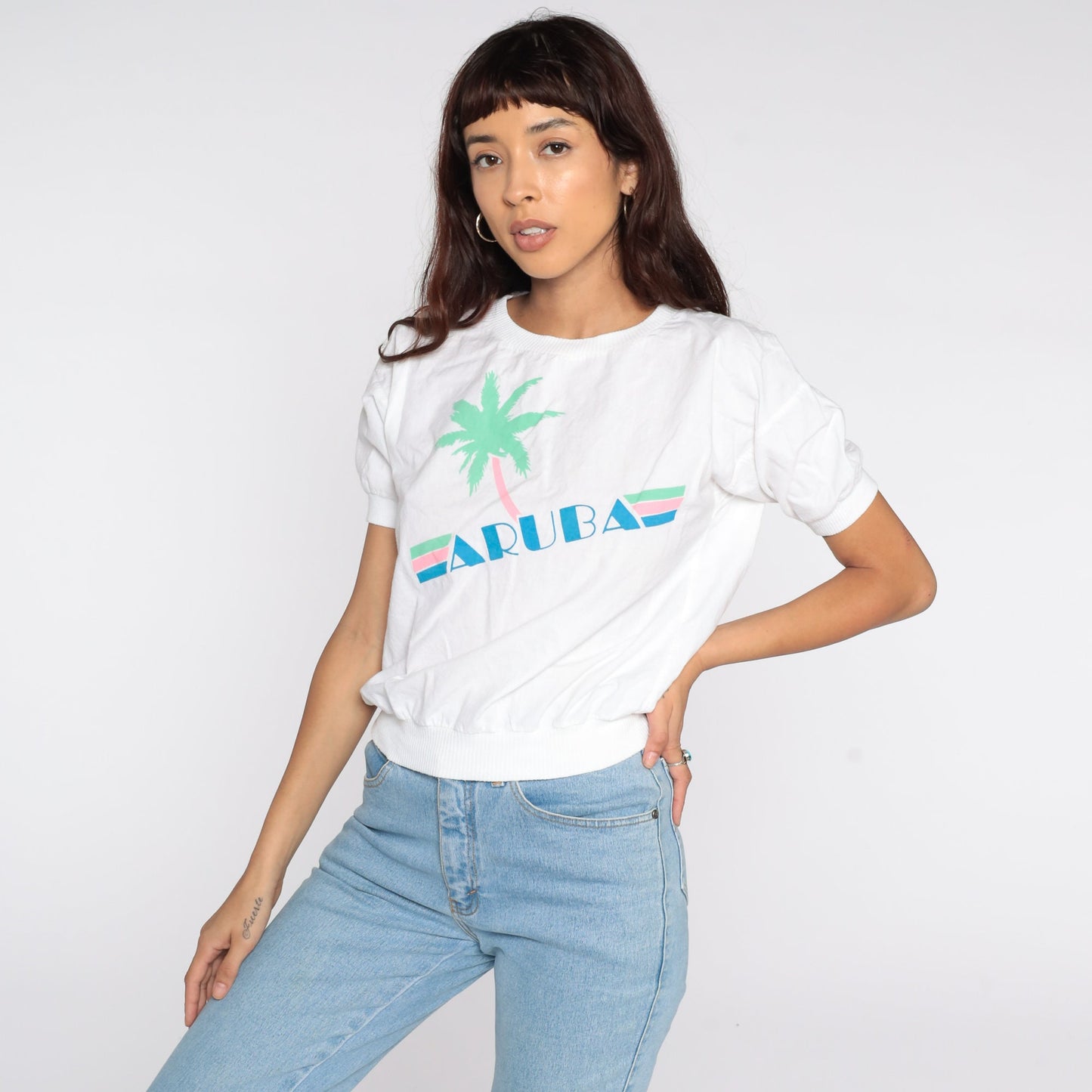 80s Aruba Palm Tree Graphic T-Shirt White Neon Small
