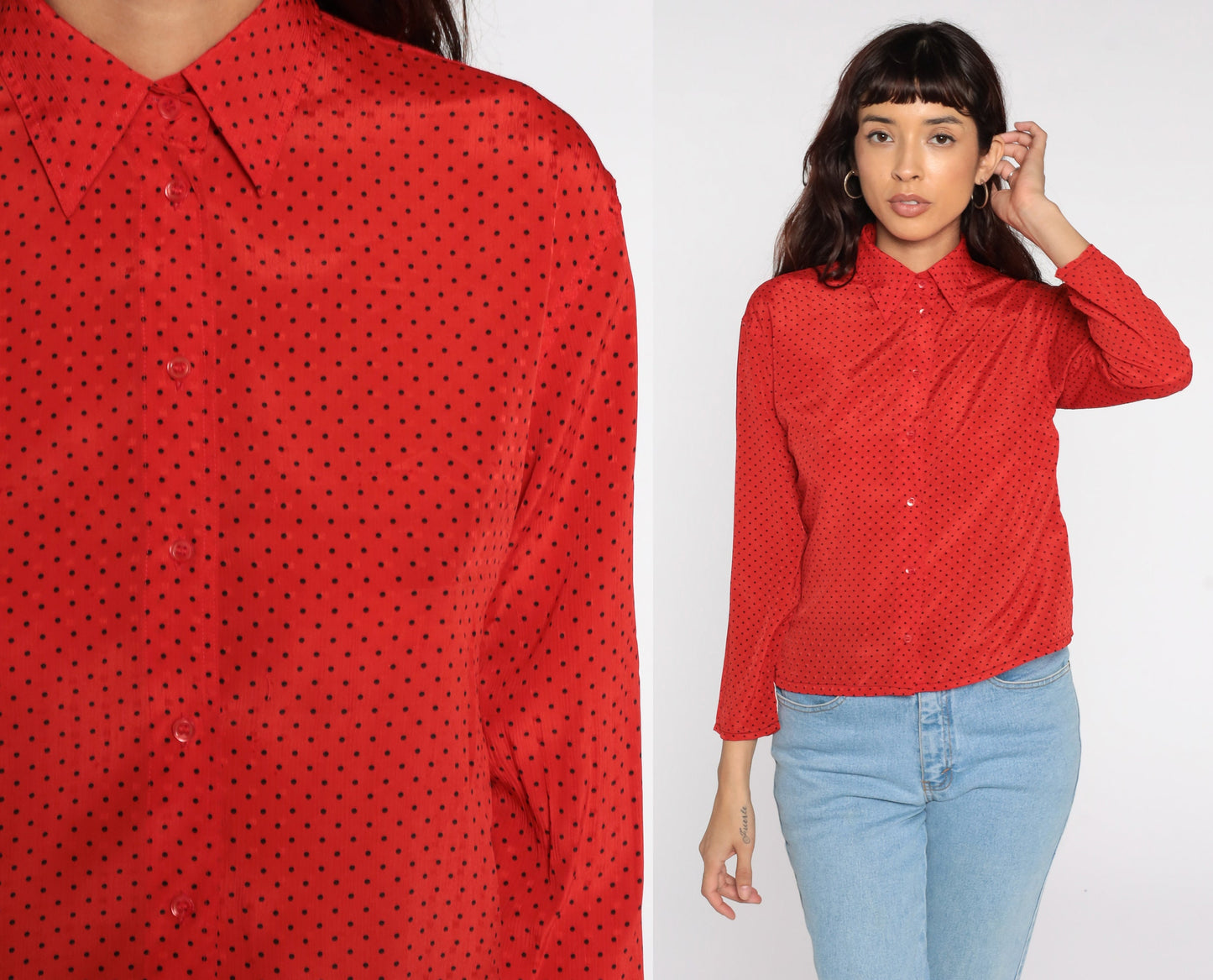 80s Red Polka Dot Button-Up Blouse Long Sleeve Small S