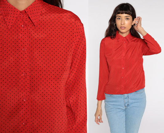80s Red Polka Dot Button-Up Blouse Long Sleeve Small S