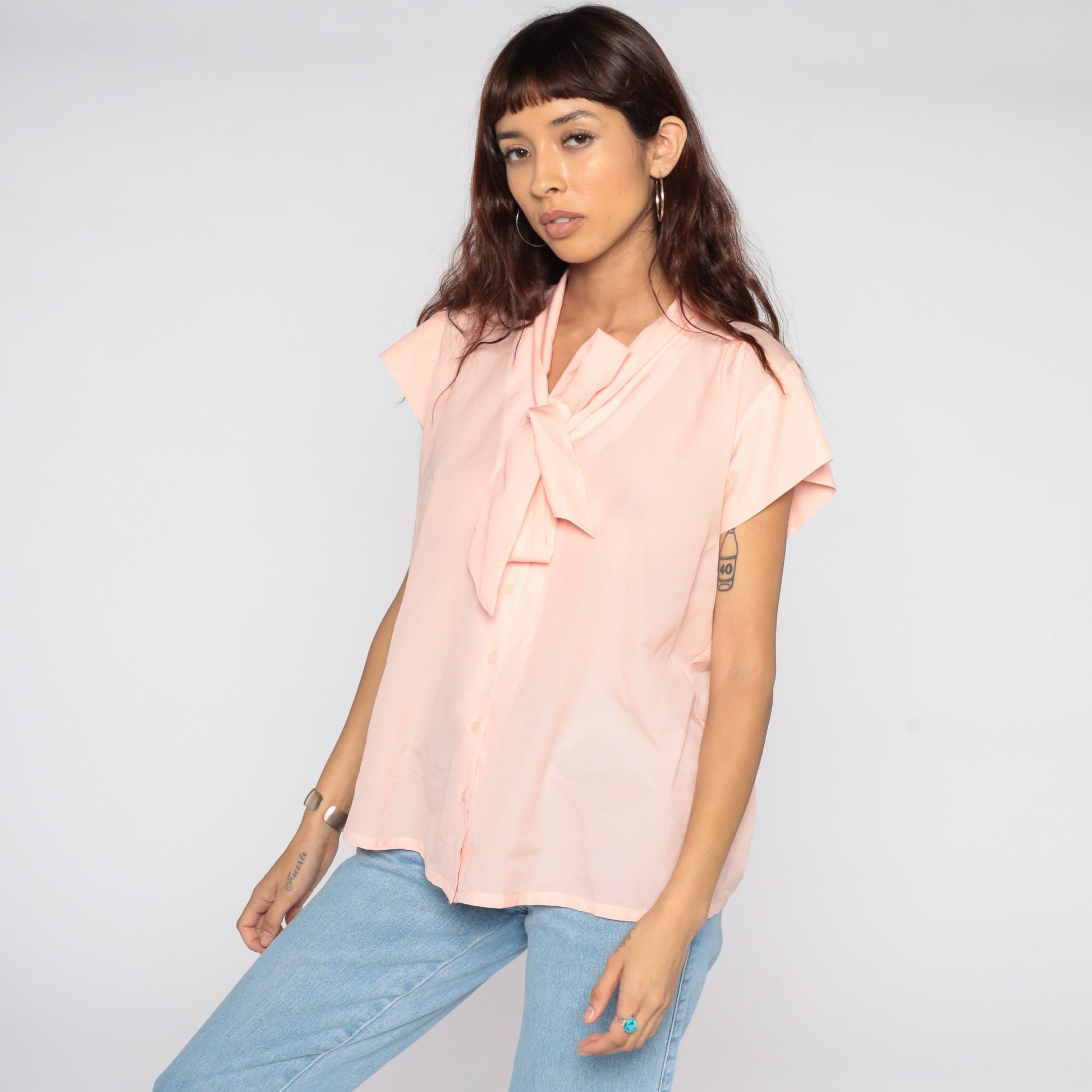 80s Baby Pink Ascot Blouse Short Sleeve Button Up Secretary Top Large L