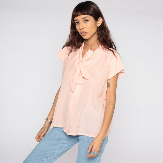 80s Baby Pink Ascot Blouse Short Sleeve Button Up Secretary Top Large L