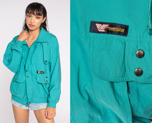 80s Turquoise Down Ski Jacket Nylon Puffer Coat Large