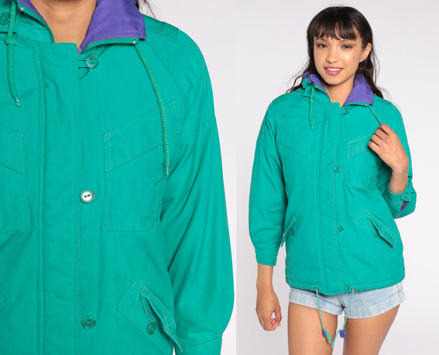 80s Green Zip-Up Jacket Cotton Blend Medium Petite