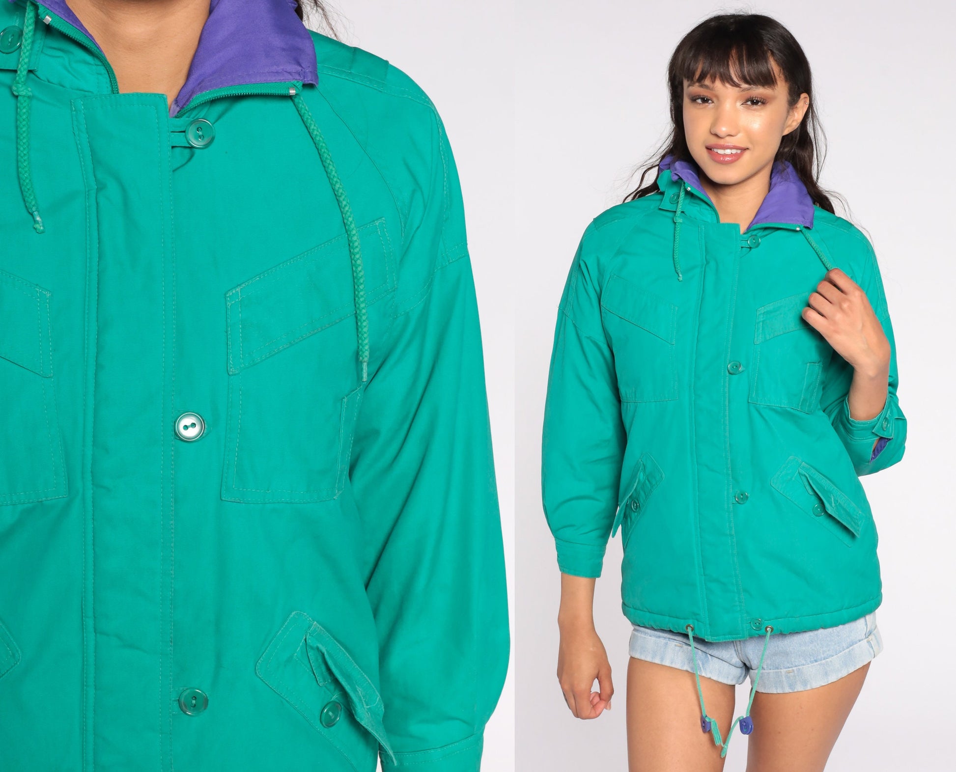 80s Green Zip-Up Jacket Cotton Blend Medium Petite