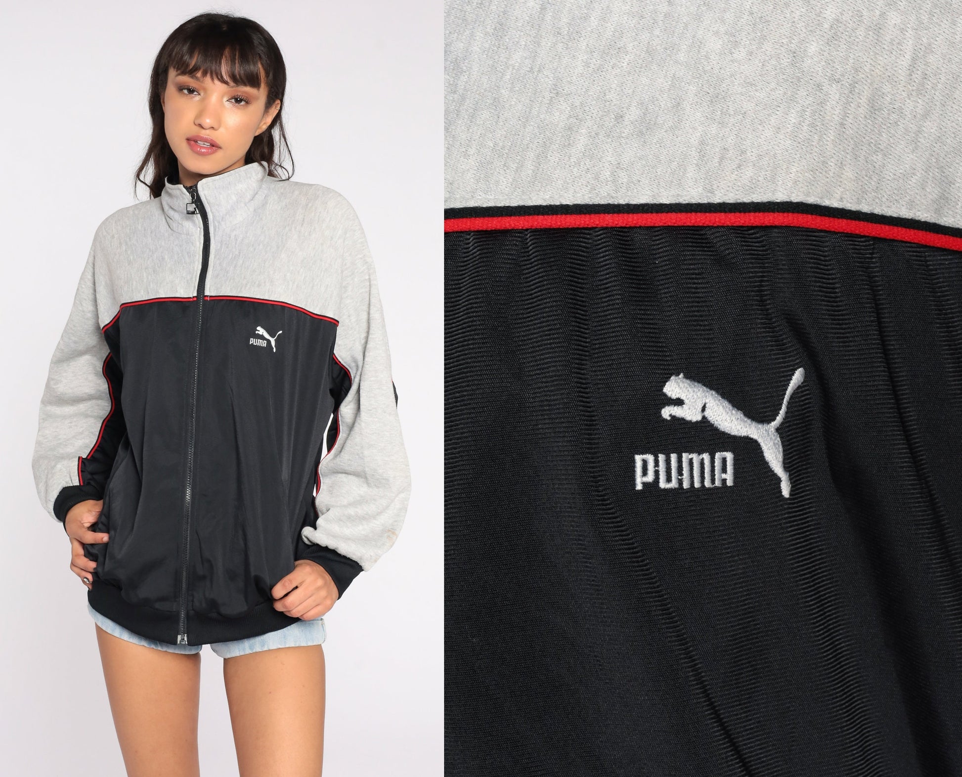 80s Puma Track Jacket Zip Up Sweatshirt Grey Black Striped Extra Large XL