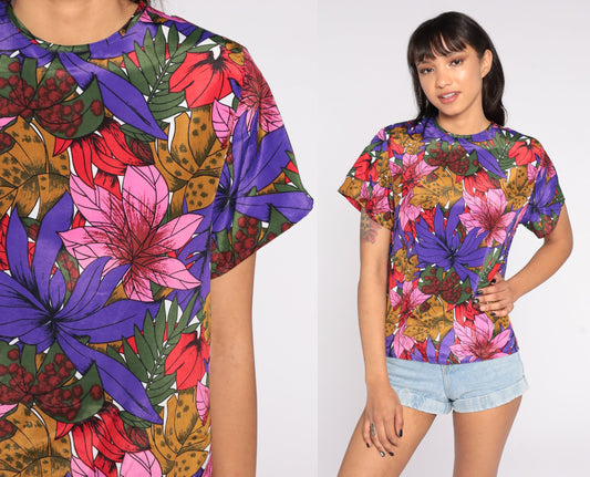 80s Purple Floral Shirt Keyhole Back Short Sleeve Blouse Small S
