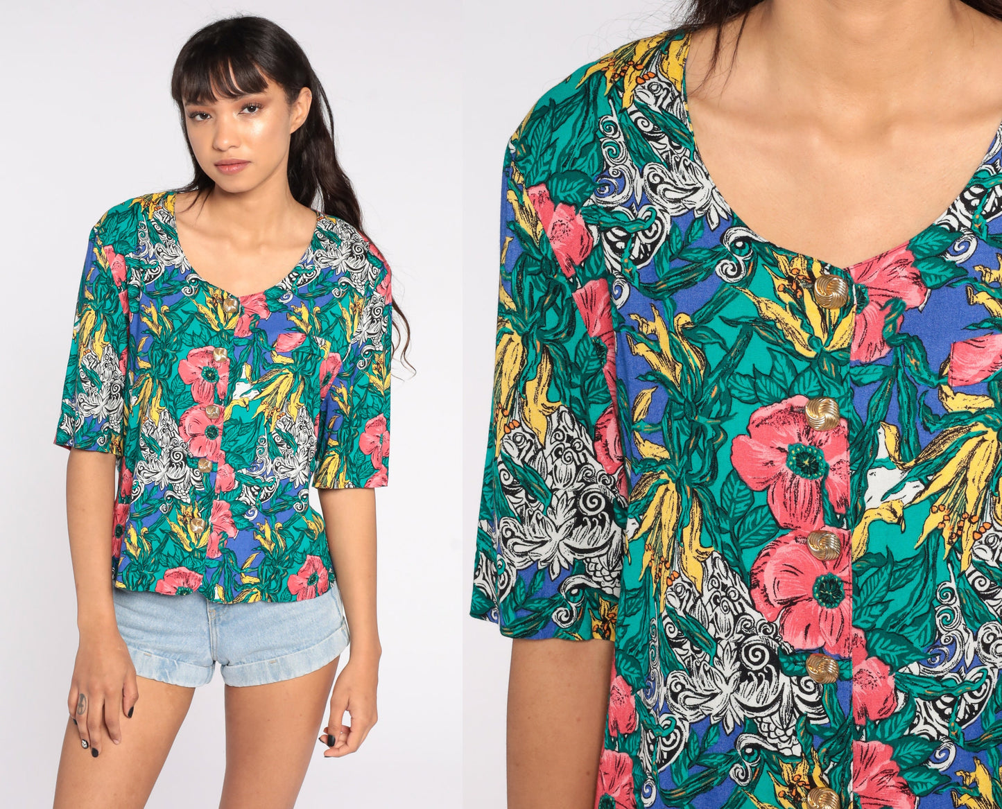 80s Tropical Floral Button Up Blouse Short Sleeve Blue Green Medium Large